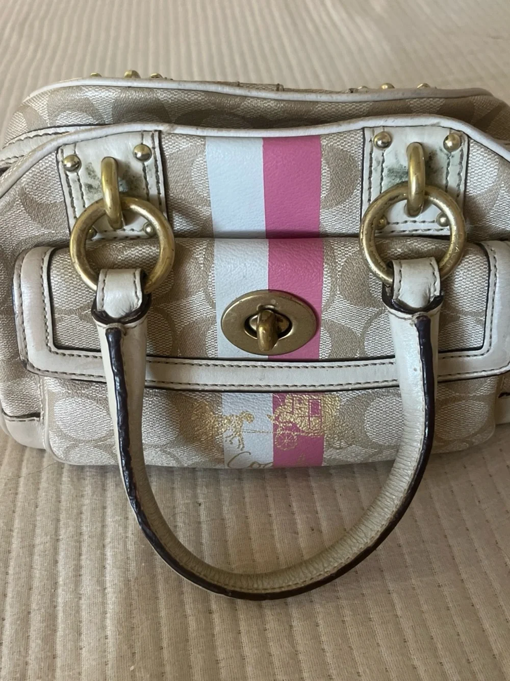 Coach Beige/Chalk Signature Satchel with Gold Hardware